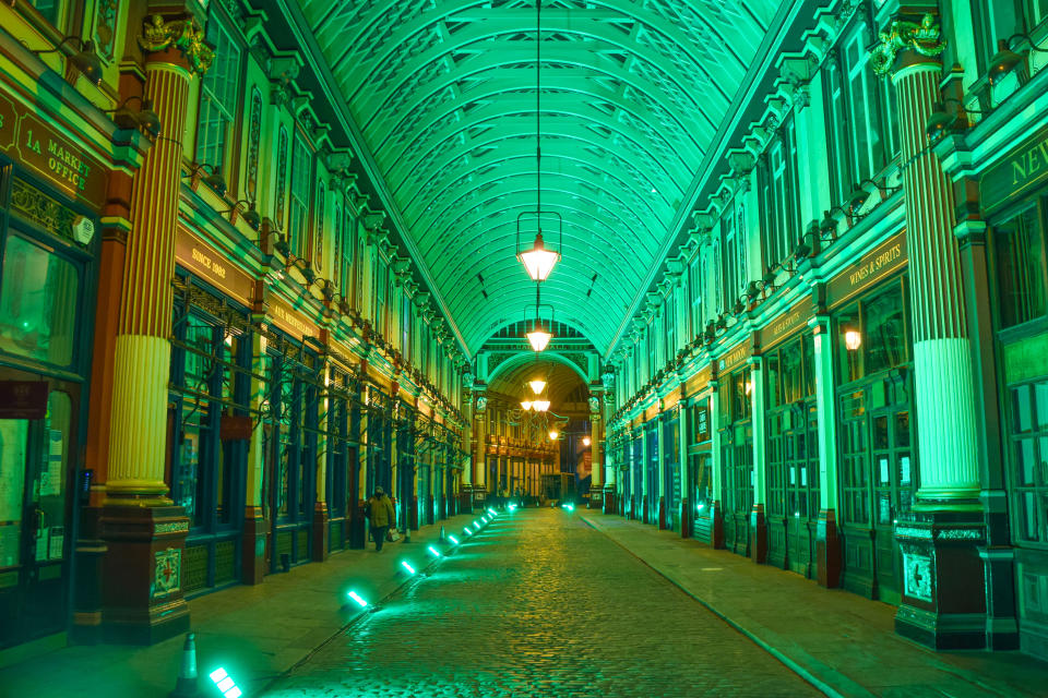 <p>Leadenhall Market in the City of London illuminated in green on Saint Patrick's Day. A celebration of Irish culture and heritage Saint Patrick's Day takes place annually and is celebrated in numerous countries around the world. (Photo by Vuk Valcic / SOPA Images/Sipa USA)</p>

