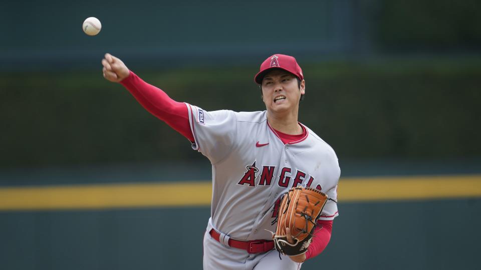 Los Angeles Angels pitcher Shohei Ohtani throws a warmup pitch against the <a class="link " href="https://sports.yahoo.com/mlb/teams/detroit/" data-i13n="sec:content-canvas;subsec:anchor_text;elm:context_link" data-ylk="slk:Detroit Tigers;sec:content-canvas;subsec:anchor_text;elm:context_link;itc:0">Detroit Tigers</a> during the first game of a doubleheader, Thursday, July 27, 2023, in Detroit. | Paul Sancya, Associated Press