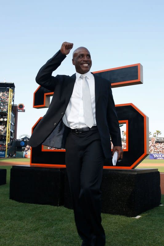 Former San Francisco Giants player Barry Bonds acknowledges the fans during a ceremony to retire his jersey at AT&T Park in San Francisco on August 11, 2018. He turns 58 on July 24. File Photo by Lachlan Cunningham/UPI