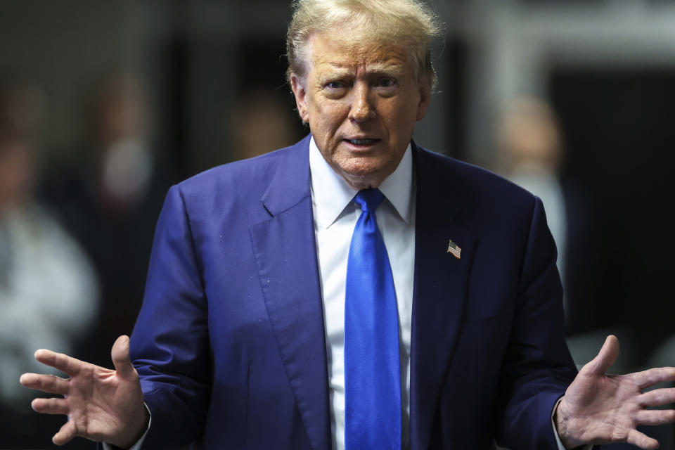 Former President Donald Trump arrives at Manhattan criminal court in New York, on Friday, May 3, 2024. (Charly Triballeau/Pool Photo via AP)