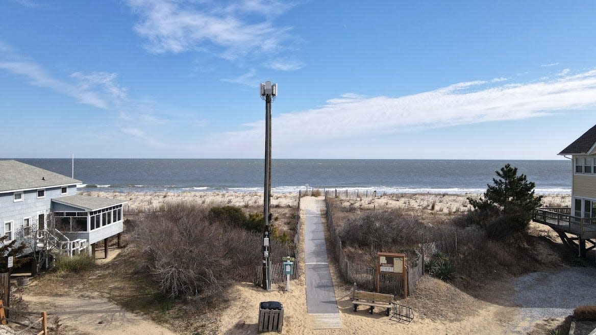 On a sunny February day in Dewey Beach, a drone captures this photo of a recently installed utility pole with 5G wireless equipment.