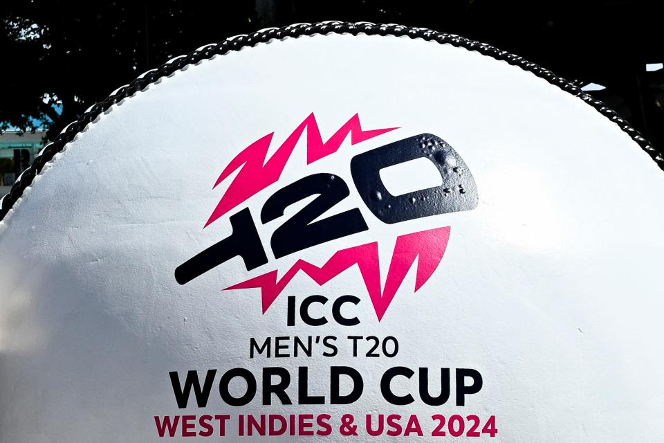 A giant cricket ball is seen installed at a marketplace to mark 100 days to go for the ICC Men's T20 World Cup in Miami, Florida, on February 22, 2024.