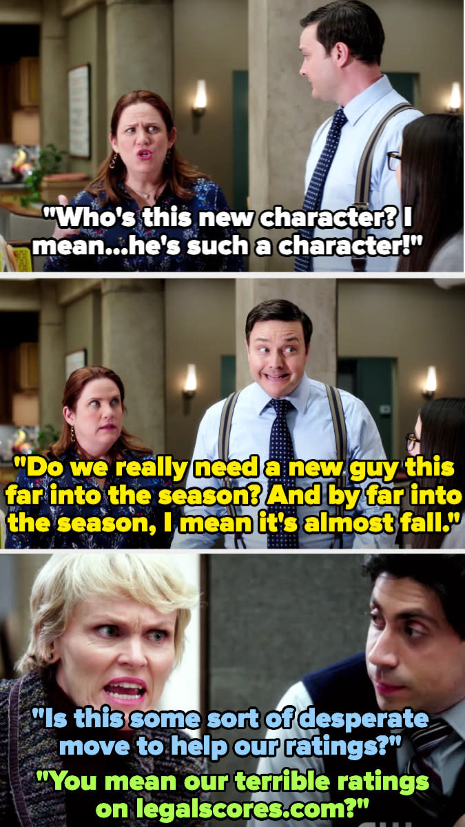 The characters sing, "Who's this new character?" and "Do we really need a new guy this far into the season?" and "Is this some sort of desperate move to help our ratings?" but then clarify their statements after to work with the plot