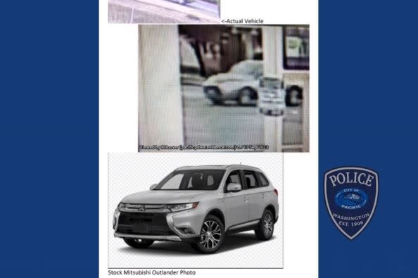 A stock photo (bottom) and a surveillance image (top) of a Mitsubishi Outlander.