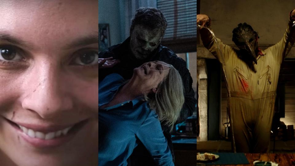 split photo of woman smiling, michael myers attacking laurie strode, and a man in a birdlike mask 