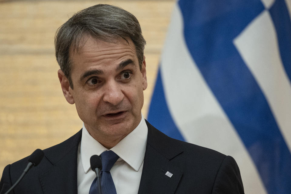 Greek Prime Minister Kyriakos Mitsotakis speaks during a joint press conference with Japanese Prime Minister Fumio Kishida following their meeting at the prime minister's official residence in Tokyo, Monday, Jan. 30, 2023. (Richard A. Brooks/Pool Photo via AP)