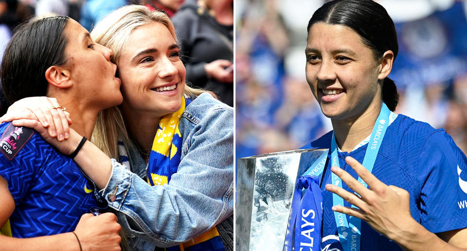 Pictured left are Matildas captain and Chelsea star Sam Kerr and her fiancee Kristie Mewis.