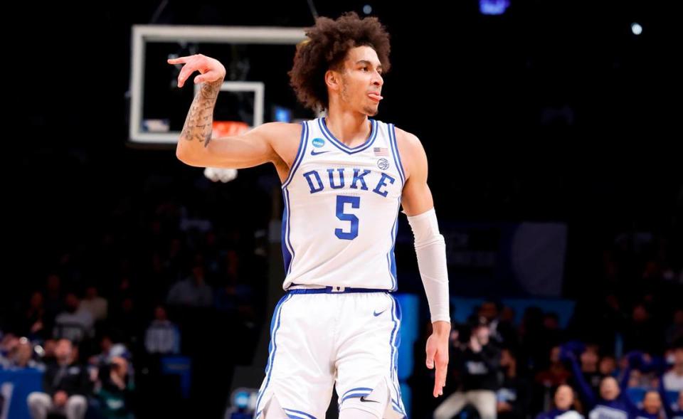 Duke’s Tyrese Proctor (5) celebrates after hitting a three-pointer during the first half of Duke’s game against JMU in the second round of the NCAA Tournament at the Barclays Center in <a class="link " href="https://sports.yahoo.com/nba/teams/brooklyn/" data-i13n="sec:content-canvas;subsec:anchor_text;elm:context_link" data-ylk="slk:Brooklyn;sec:content-canvas;subsec:anchor_text;elm:context_link;itc:0">Brooklyn</a>, N.Y., Sunday, March 24, 2024. Ethan Hyman/ehyman@newsobserver.com