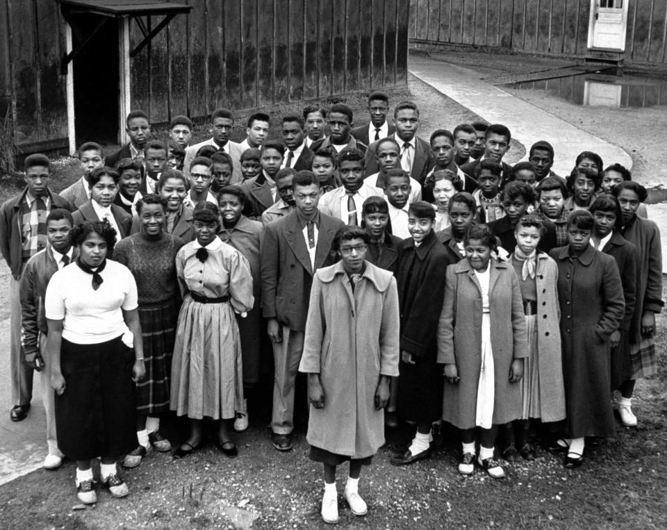 Group portrait of some of the more than 100 students named in the lawsuit filed to seek, initially, repairs for Robert Moton High School, a segregated school in Farmville, Va., March 1953.