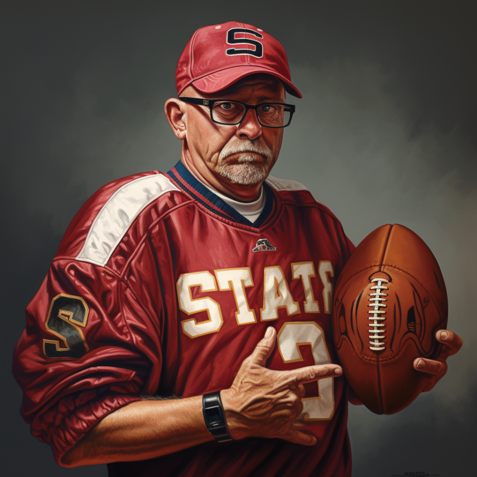 An older man wearing a cap and football jersey and pointing to the football he's holding