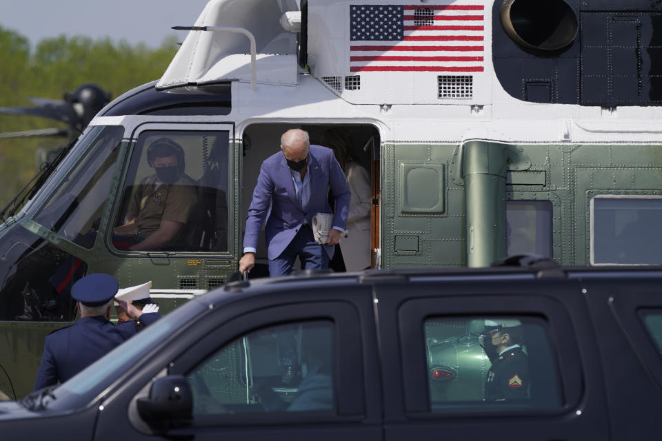 President Joe Biden steps off of Marine One at Delaware Air National Guard Base in New Castle, Del., Saturday, April 24, 2021. Biden is spending the weekend at his home in Delaware. (AP Photo/Patrick Semansky)