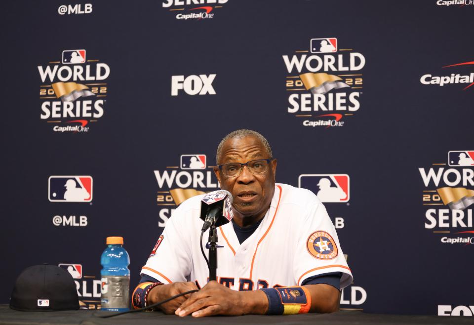 Oct 27, 2022; Houston, TX, USA; Houston Astros manager Dusty Baker Jr. (12) answers questions from the press at Minute Maid Park in Houston, Texas, on October 27, 2022.