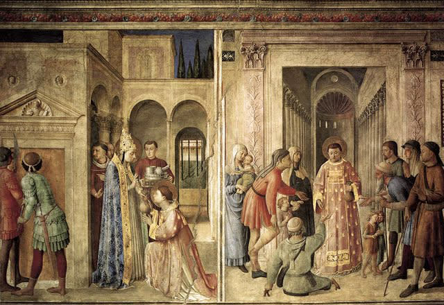 St. Lawrence receives the treasures of the Church and distributes alms<br> Painted by Fra Angelico inside the Niccoline Chapel<br><br> (Photo courtesy <a href="https://sites.google.com/site/aguidetorome/" rel="nofollow noopener" target="_blank" data-ylk="slk:David Lown;elm:context_link;itc:0;sec:content-canvas" class="link ">David Lown</a>)