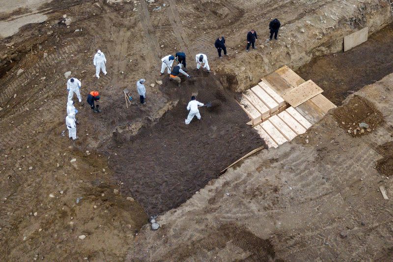 Drone pictures show bodies being buried on New York's Hart Island amid the coronavirus disease (COVID-19) outbreak in New York City