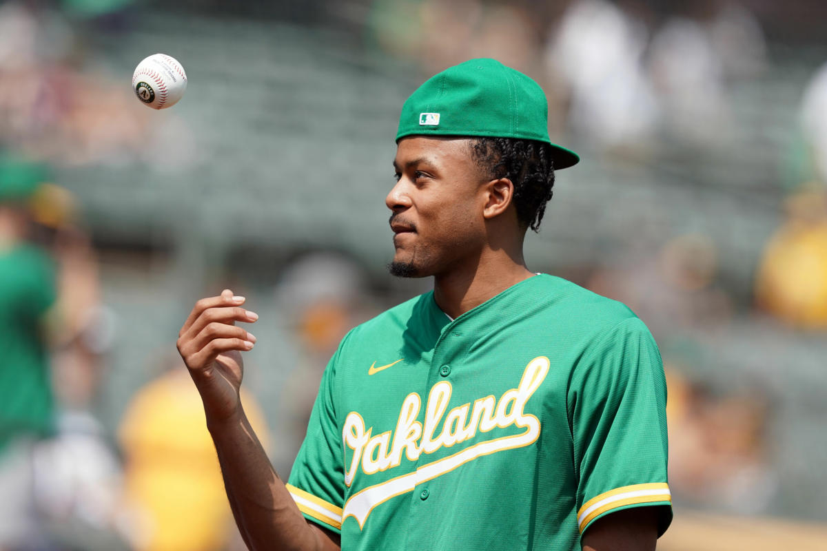 Warriors' Moses Moody throws out first pitch at Oakland Athletics game