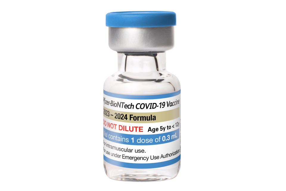 This photo provided by Pfizer in September 2023 shows a single-dose vial of the company's updated COVID vaccine for ages 5 to 11. The U.S. approved updated COVID-19 vaccines Monday, Sept. 11, 2023 hoping to rev up protection against the latest coronavirus strains and blunt any surge this fall and winter. (Pfizer via AP)