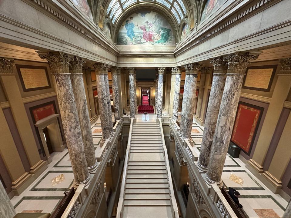 The gallery outside the Minnesota Senate chamber in the State Capitol is shown ahead of a vote on a Republican attempt to expedite an ethics investigation of Democratic Sen. Nicole Mitchell, who's facing a felony burglary charge, Wednesday, April 24, 2024 in St. Paul, Minn. (AP Photo/Steve Karnowski)