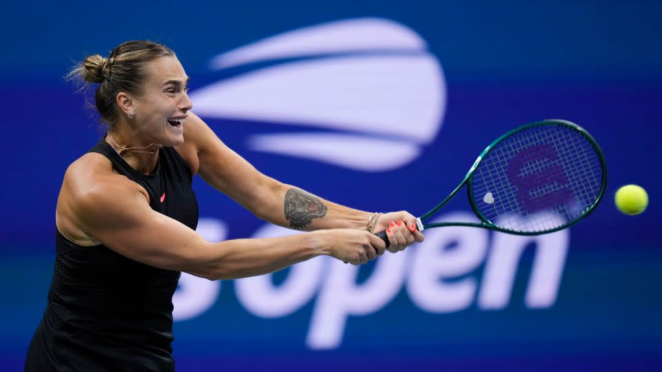 Aryna Sabalenka in Thursday's semifinal match against Emma Navarro. - Seth Wenig/AP