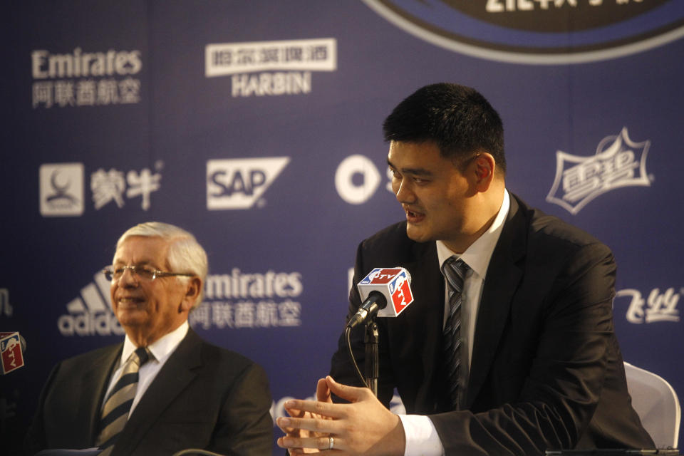 BEIJING, CHINA - OCTOBER 15:  (CHINA OUT) Yao Ming and NBA Commissioner David Stern speak to the media about the New Yao School during the 2013 Global Games at MasterCard Center on October 15, 2013 in Beijing, China.  (Photo by Visual China Group via Getty Images/Visual China Group via Getty Images)