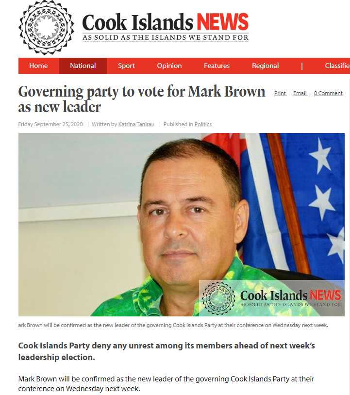 庫克群島新總理布朗。（圖／翻攝自Cook Islands News）