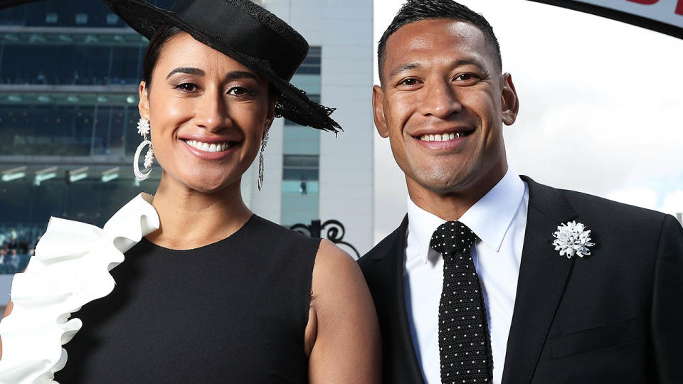 Maria and Israel Folau at Victoria Derby Day in 2017.  (Photo by Mark Metcalfe/Getty Images for the VRC)