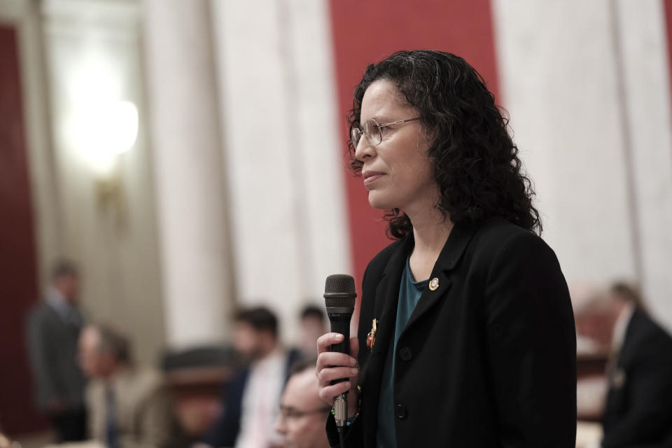 West Virginia state Sen. Patricia Rucker, R-Jefferson, speaks during a legislative session in the Senate Chambers at the Capitol in Charleston, W.Va., on Wednesday, Jan. 25, 2024. West Virginia has the least amount of female state legislators.(AP Photo/Chris Jackson)