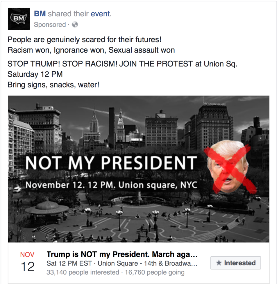 A Russian-linked Facebook page promoting an anti-Donald Trump rally (House Intelligence Committee)