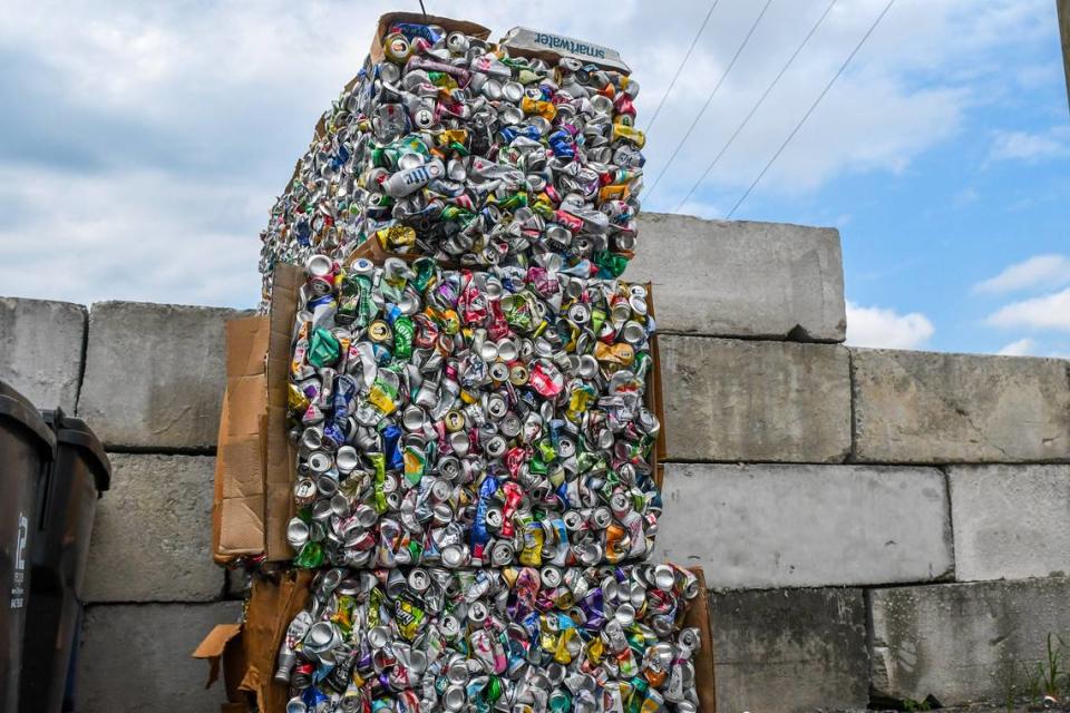 A tower of bundled aluminum as photographed on July 12, 2024 at i2recycle located in the Hardeeville Industrial Park in Hardeeville, S.C.