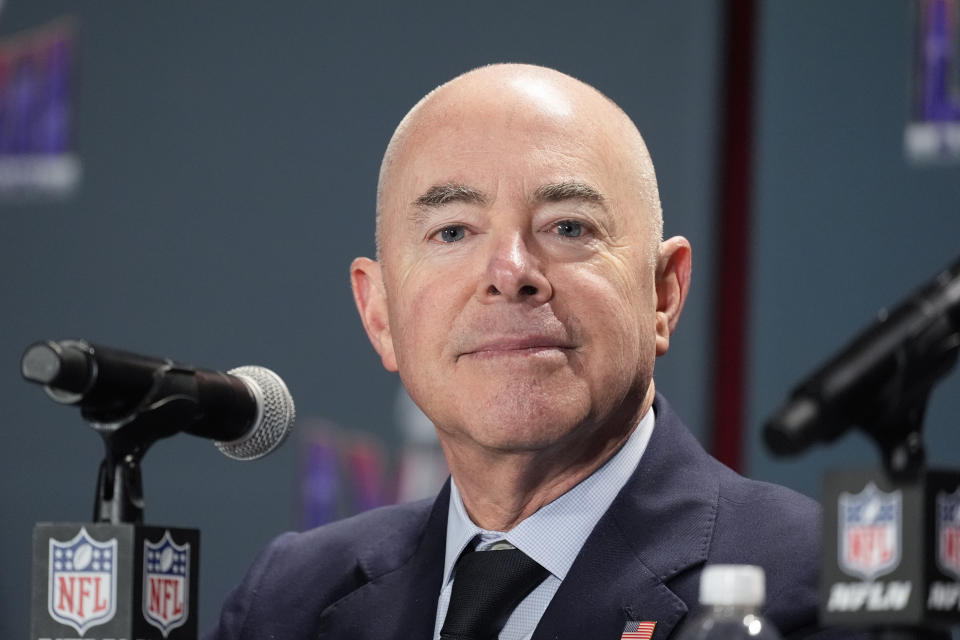 Homeland Security Secretary Alejandro Mayorkas listens during a news conference about security for NFL's Super Bowl 58 football game, in Las Vegas, Wednesday, Feb. 7, 2024. (AP Photo/Alex Brandon)