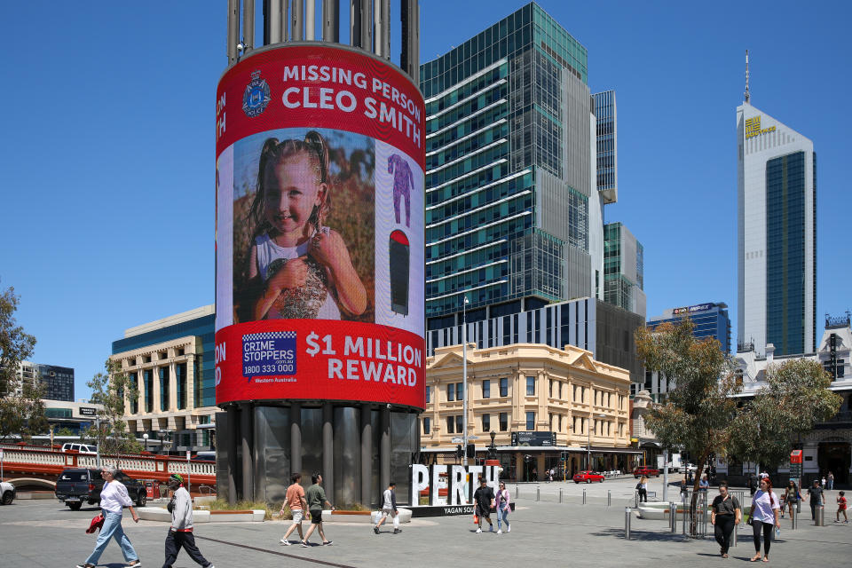 A sign offering a $1 million reward for information on missing girl Cleo Smith was displayed on a digital tower in Yagan Square digital in Perth, Saturday. Source: AAP