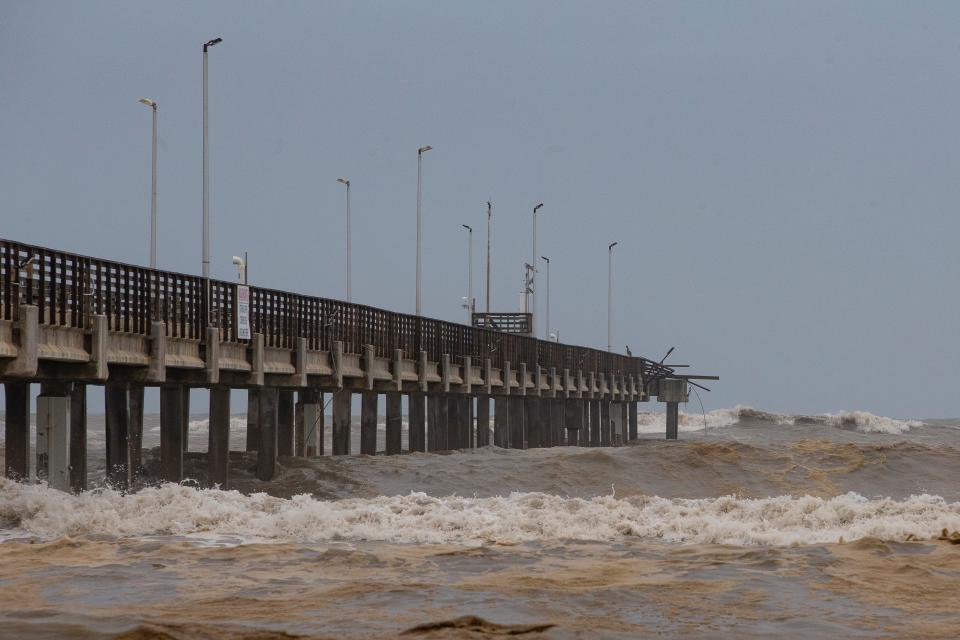 A damaged Bob Hall Pier the morning after Hurricane Hanna on July 26, 2020.