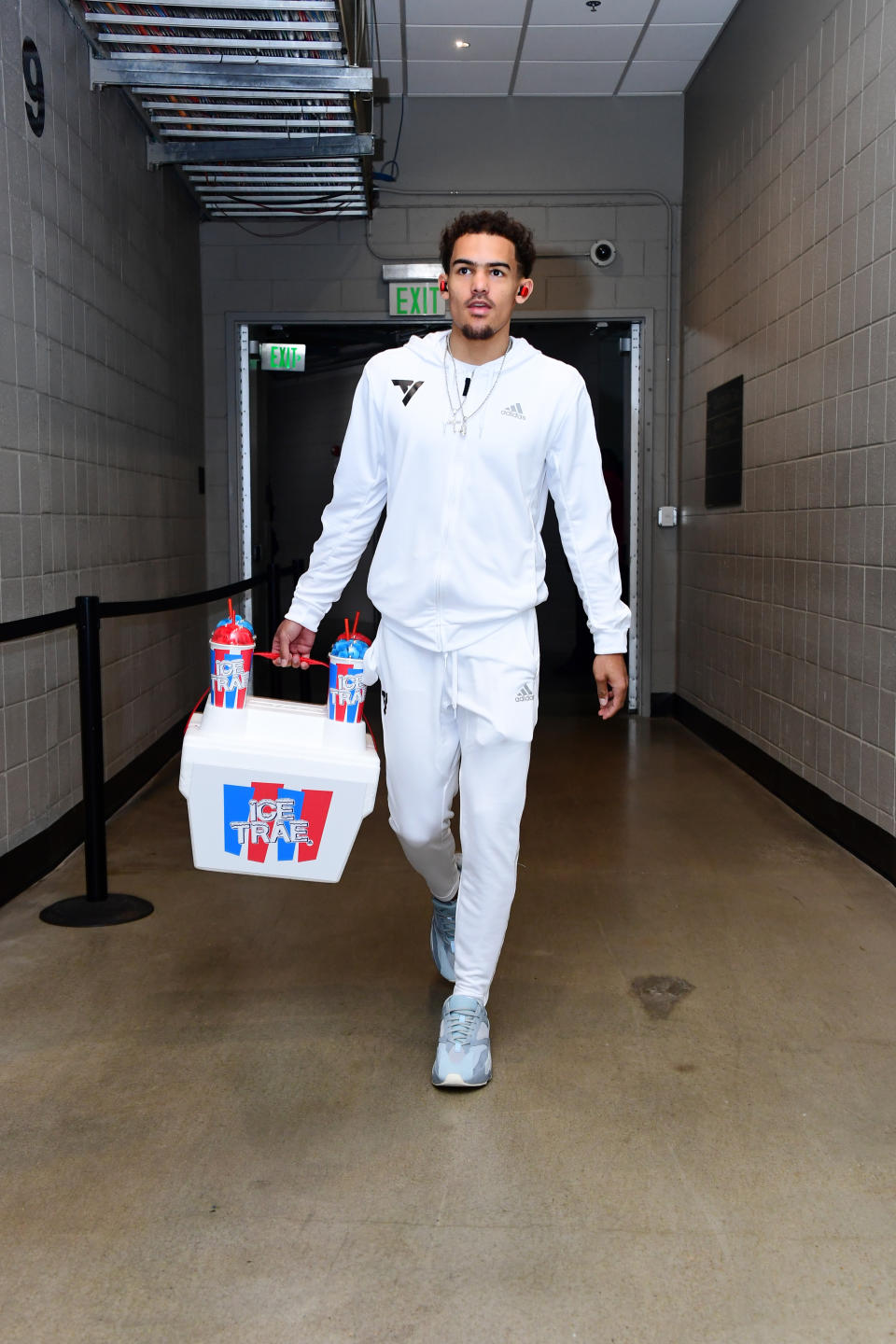 <p>Trae Young enters the State Farm Arena in a full Adidas ensemble, including a pair of Yeezy Boost 700s on April 3. </p>