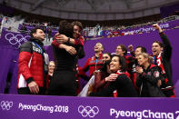 <p>Tessa Virtue and Scott Moir of Canada react after receiving their score in the Figure Skating Team Event  Ice Dance Free Dance on day three of the PyeongChang 2018 Winter Olympic Games at Gangneung Ice Arena on February 12, 2018 in Gangneung, South Korea. (Photo by Richard Heathcote/Getty Images) </p>