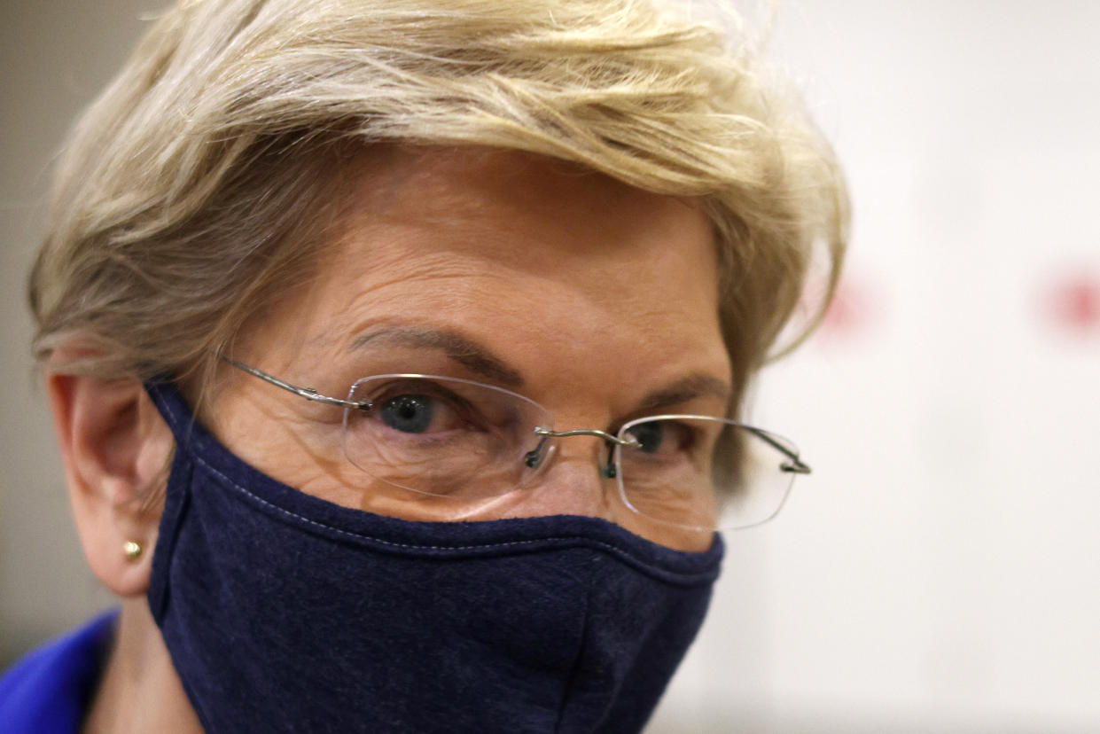 WASHINGTON, DC - APRIL 12: U.S. Sen. Elizabeth Warren (D-MA) arrives for a procedural vote on the nomination of Polly Ellen Trottenberg to be Deputy Secretary of Transportation at the U.S. Capitol April 12, 2021 in Washington, DC. The Senate has returned after a two-week Easter break. (Photo by Alex Wong/Getty Images)