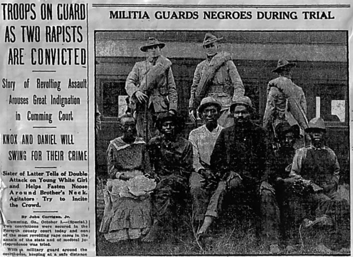 The people in this 1912 newspaper photo are not identified but are believed to be Trussie (Jane) Daniel, Oscar Daniel, Tony Howell (defendant in another rape case involving a white woman), Ed Collins (witness), Isaiah Pirkle (witness for Howell) and Ernest Knox.