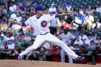 Chicago Cubs starting pitcher Kyle Hendricks delivers during the first inning of the team's baseball game against the Cincinnati Reds on Thursday, June 30, 2022, in Chicago. (AP Photo/Charles Rex Arbogast)