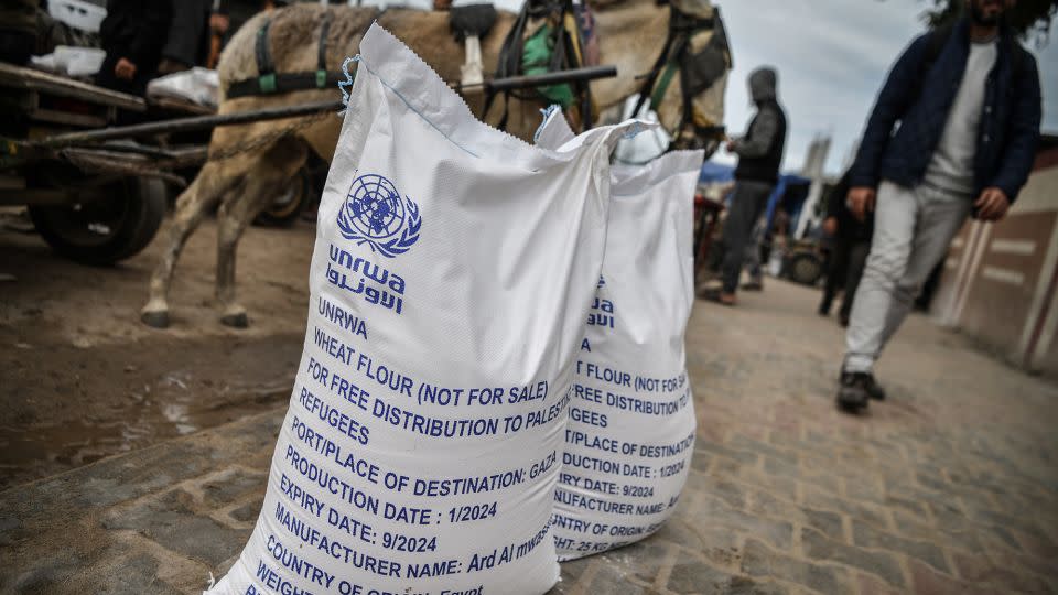 Rafa, Gaza, Jan. 28: Bags of flour are seen at the area where UNRWA distributes flour to families. - Abed Zagout/Anadolu/Getty Images