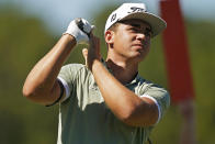 Garrick Higgo, of South Africa, watches his drive from the second tee during the final round of the Sanderson Farms Championship golf tournament in Jackson, Miss., Sunday, Oct. 2, 2022. (AP Photo/Rogelio V. Solis)