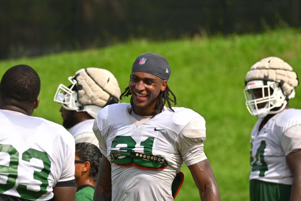 Florida A&M University linebacker Isaiah Land (31) rejoices during fall training camp, Aug. 10, 2022