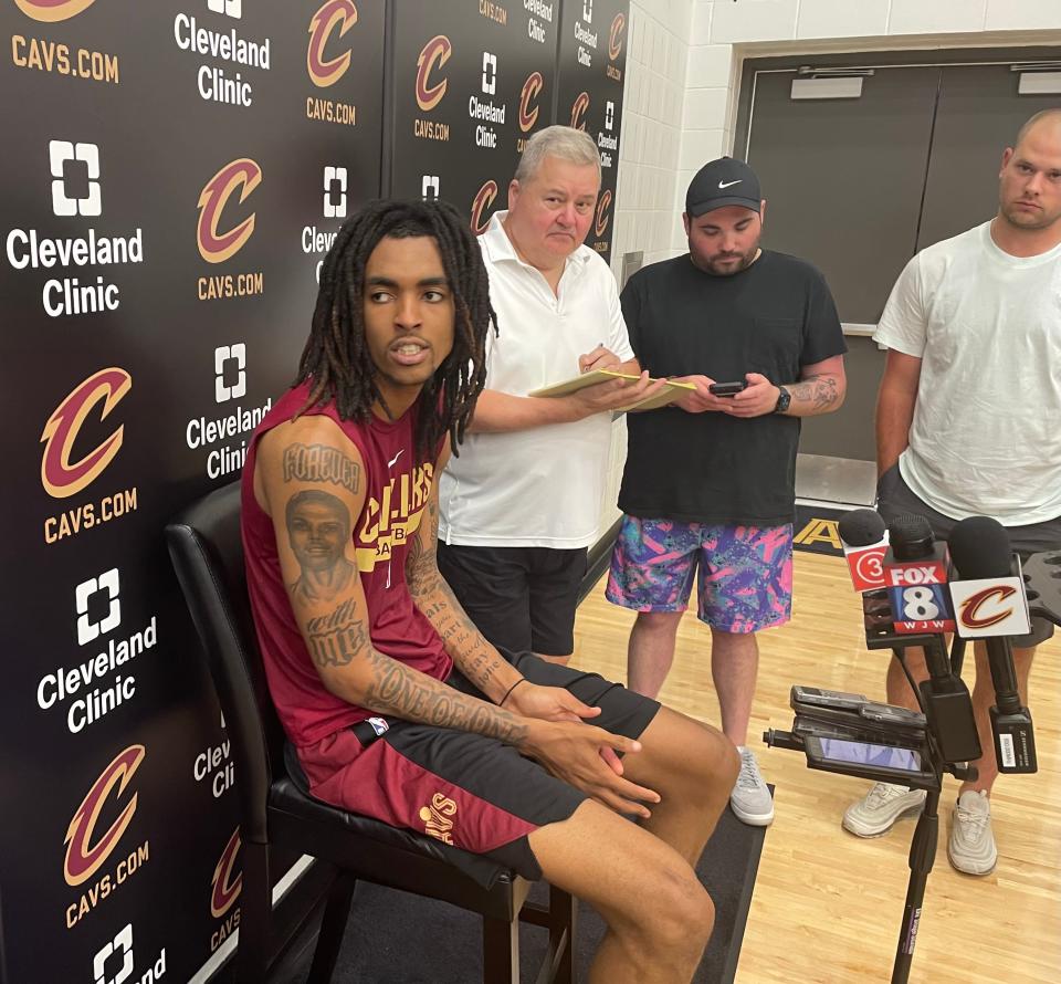 Cavaliers rookie second-round draft pick Emoni Bates speaks to Cleveland media after a summer league practice Monday at Cleveland Clinic Courts in Independence.