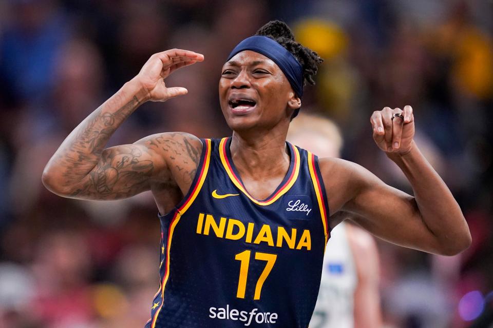Indiana Fever guard Erica Wheeler (17) yells in frustration after forcing the ball out of bounds, Thursday, May 16, 2024, during the Indiana Fever home opener game against the New York Liberty at Gainbridge Fieldhouse in Indianapolis.