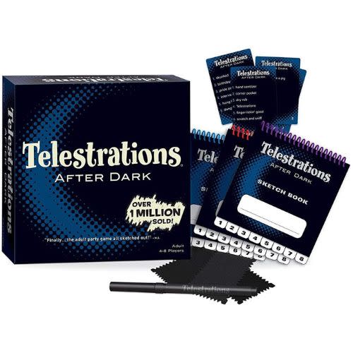 blue and black board game for adults with "Telestrations After Dark" written across box