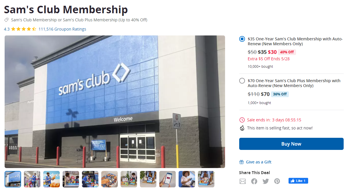 Screenshot of Living Social Sam's Club Membership