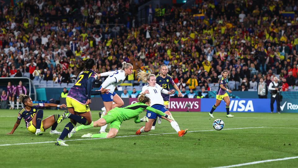 Lauren Hemp scores England's first goal against Colombia. - Charlotte Wilson/Offside/Getty Images