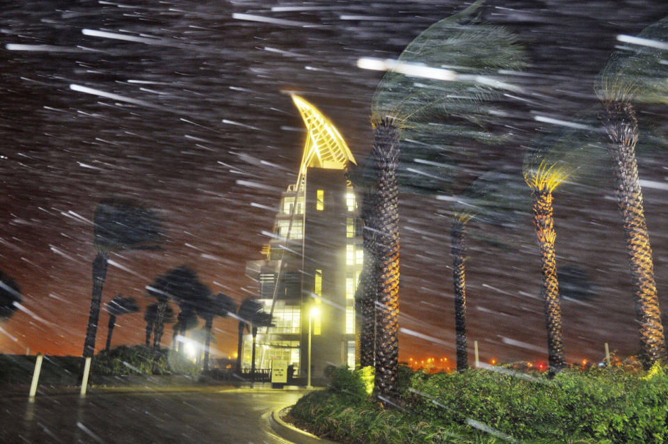Los árboles se mecen en las fuertes lluvias y el viento del huracán Matthew delante de la Torre de Exploración en Cabo Cañaveral, Florida. (Craig Rubadoux / AP)