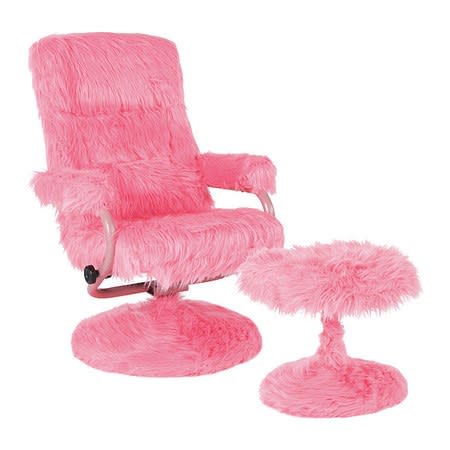 We know where the wild things are: your living room. <a rel="nofollow noopener" href="https://www.overstock.com/Home-Garden/Offex-East-Side-Contemporary-Swivel-Recliner-and-Ottoman-in-Pink-Fur/25605389/product.html" target="_blank" data-ylk="slk:SHOP NOW;elm:context_link;itc:0;sec:content-canvas" class="link ">SHOP NOW</a>: East Side Contemporary Swivel Recliner and Ottoman in Pink Fur by Offex, $257 $297 , overstock.com