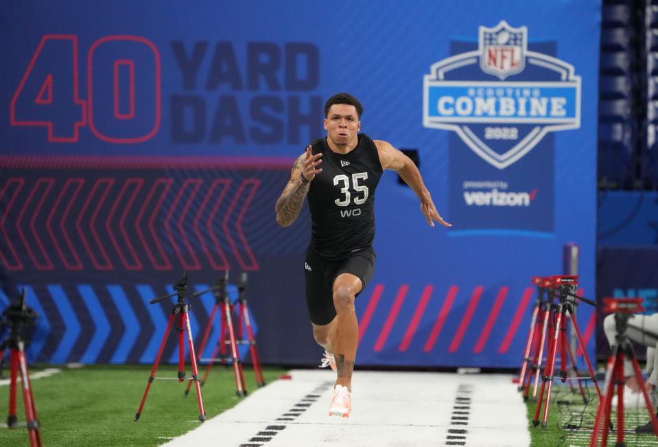 March 3: North Dakota State wide receiver Christian Watson runs the 40-yard dash.