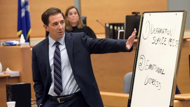 PHOTO: Attorney Chris Mattei points to a white board he had written on during closing statements in the Alex Jones Sandy Hook defamation damages trial in Superior Court in Waterbury, Conn., on Oct. 6, 2022. (H. John Voorhees III/Hearst Connecticut Media, Pool via AP)