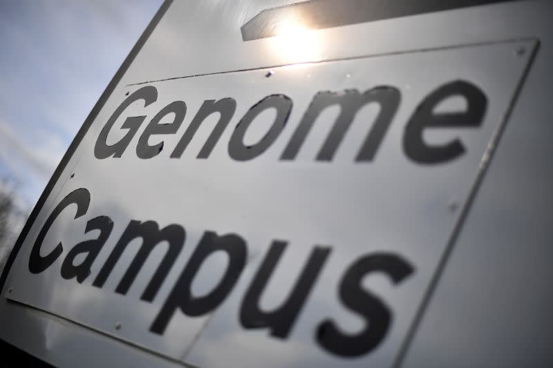 A sign is seen for the laboratories where they sequence the novel coronavirus genomes in Cambridge