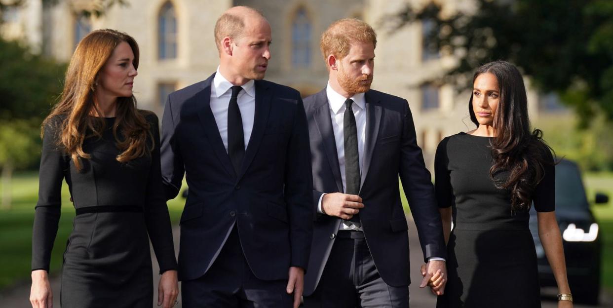 the prince and princess of wales accompanied by the duke and duchess of sussex greet wellwishers outside windsor castle